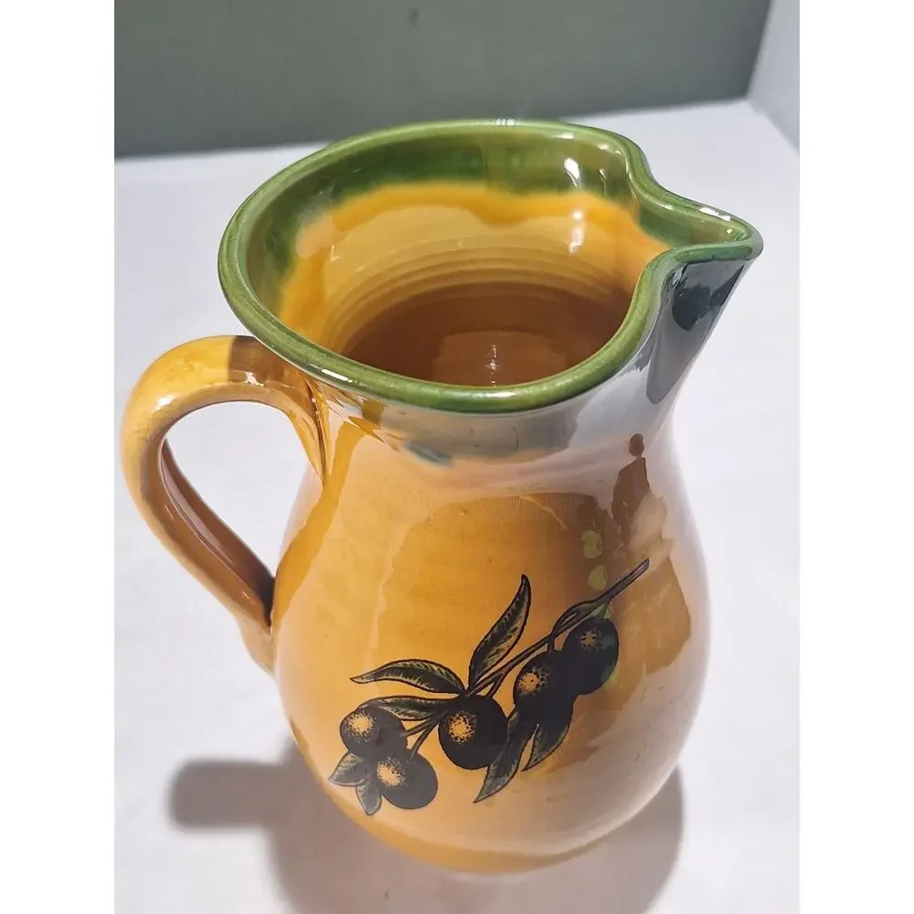 Vintage Hand Thrown Art Pottery Olive Branch Pitcher 7.5